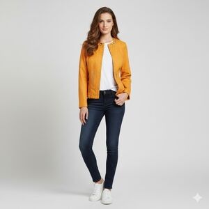 Lena Gabrielle Womens Faux Leather Jacket Orange Studded Size 8